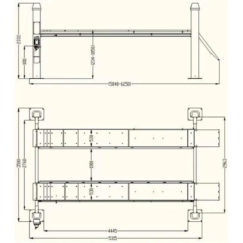 Katool KT-4H150, 4 Post Alignment Lift 15,000 lb - Rolling Jack Included Dimensions